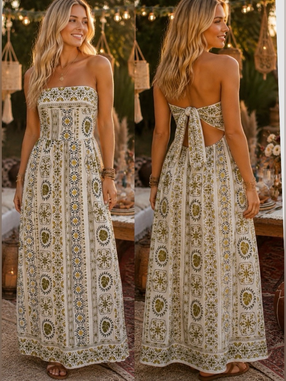 Aakaa S M Strapless Floral Maxi Dress Tie Back Boho Resort Anthropologie Style